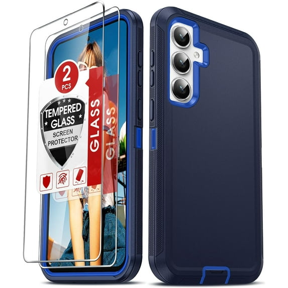 3 in 1 Bundle Designed for Samsung Galaxy A34 Heavy Duty Case with 2 Clear Tempered Glass, Triple Layer Protection Shockproof Dropproof Dustproof Cover for Samsung Galaxy A34, Blue