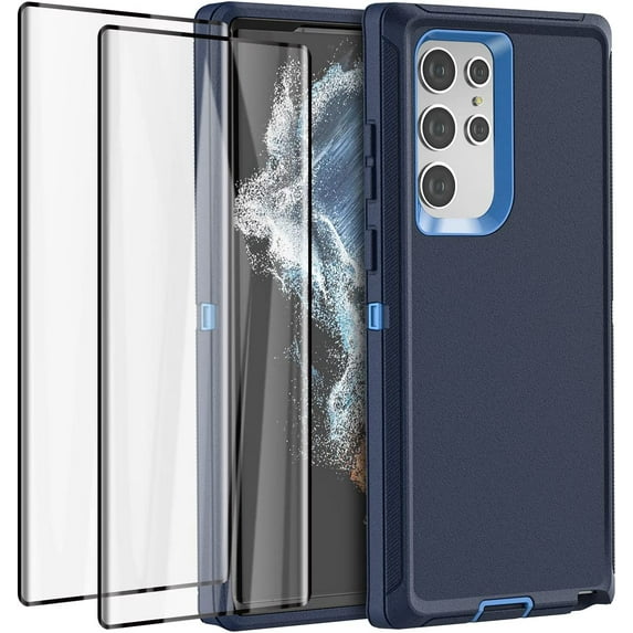 3 in 1 Bundle Designed for Samsung Galaxy S24 Ultra Heavy Duty Case with 2 Clear Tempered Glass, Triple Layer Protection Shockproof Dropproof Dustproof Cover for Samsung Galaxy S24 Ultra, Blue