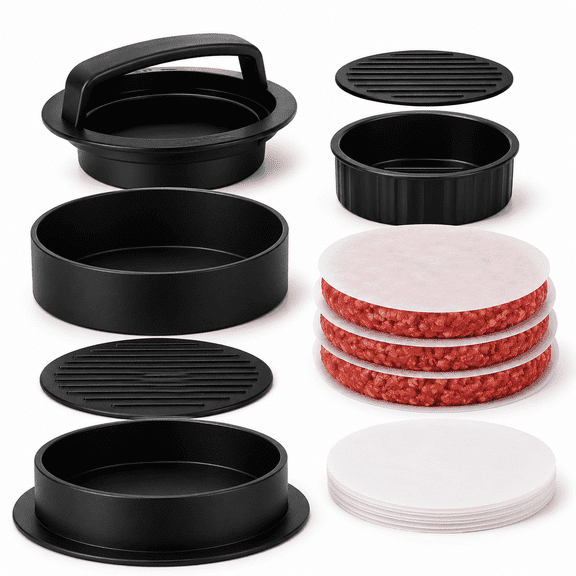 3 in 1 Burger Press Patty Maker,Hamburger Patty Maker Stuffed Burgers Press with 100p Burger Paper for BBQ Non-Stick Sliders Beef Burger Press (Black)