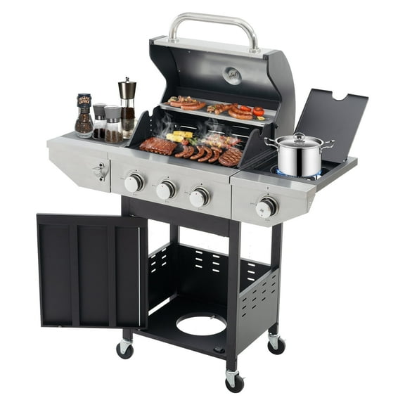 3+1 Burner Propane Grill with Side Burner, 37,150 BTU Electronic Ignition BBQ Gas Grill, Stainless Steel Barbecue Propane Grills with Side Tables, Cast Iron Grates & 4 Wheels for Outdoor and Patio