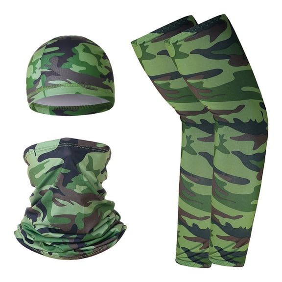 3 in 1 Camo Ice Silk Sun Protection Set, Helmet Liner Skull Cap Neck Gaiter Face Cover & UV Protection Cooling Arm Sleeves Combo for Cycling Motorcycle Fishing Outdoor Sports Green