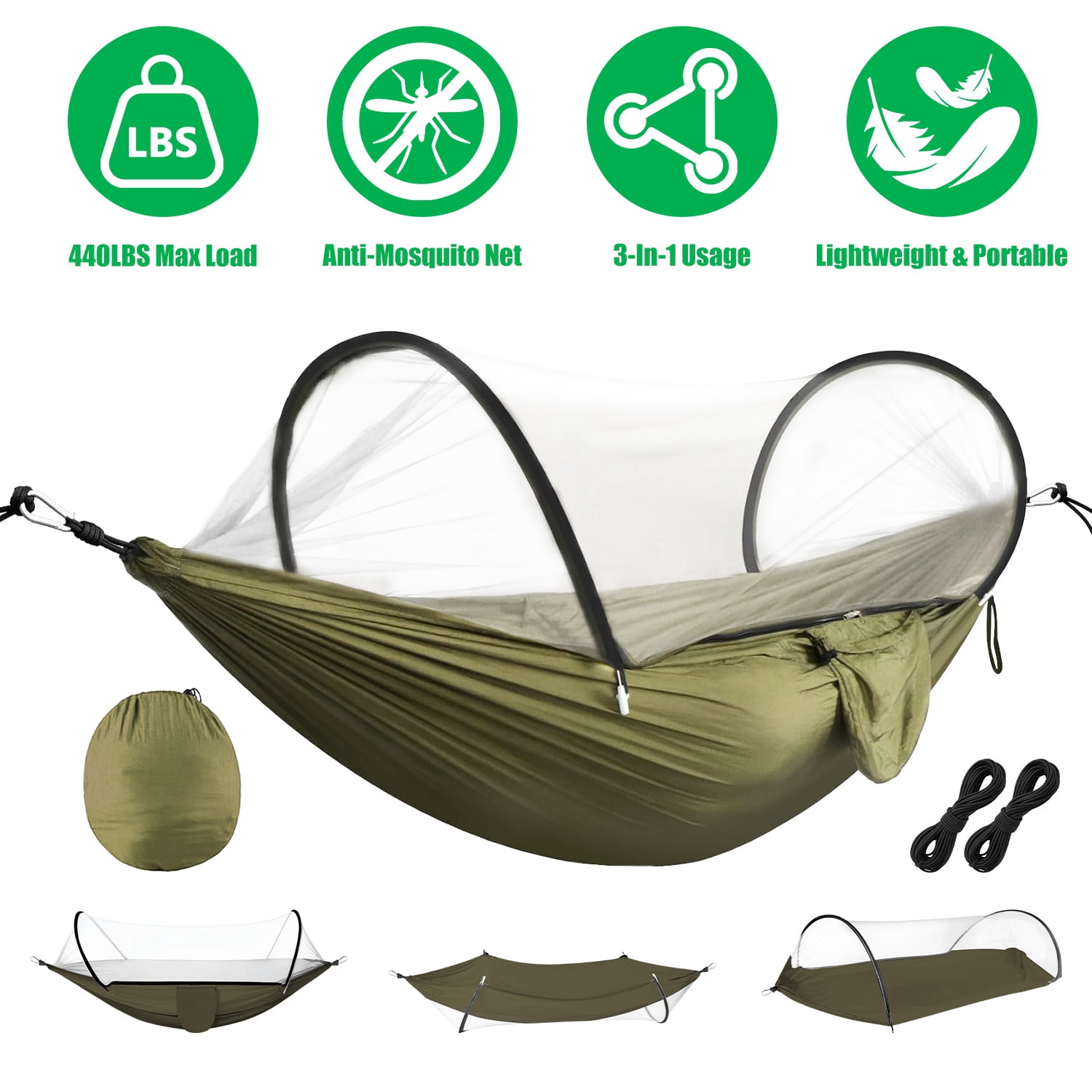 3 in 1 Camping Hammock with Automatic Pop-Up Mosquito Net, Lightweight 70D Nylon Portable Hammock Supports 440lbs, Dual Zipper Outdoor Hammock for Camping Hiking Backpacking Beach Backyard