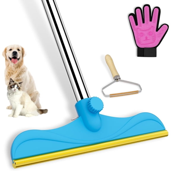 3 in 1 Carpet Rake Kit for Pet Hair Removal Tool - 45 Adjustable Long Handle Remover, Reusable Scraper Dog Cat Deep Cleaner Remover Rugs, Mats, Couch, Furniture Blue 45inch