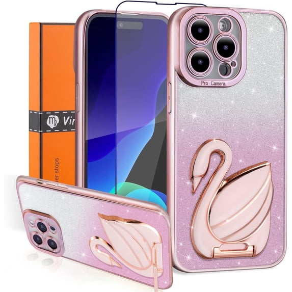 (3 in 1 Case for iPhone 13 Pro Max Case(6.7 inch), Plating Swan Hidden Stand, Bling Case with Gift Box +Glass Screen Protector + 6D Stand, Cute Glitter Clear Phone Case for Women (Pink)