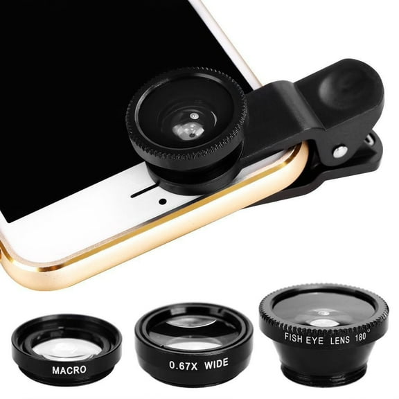 3 in 1 Cell Phone Camera Lens Kit Wide Angle Macro Fisheye Lens Universal for Smart Phones iPhone Samsung Android Black,Transform Your Phone Into A Quality Camera