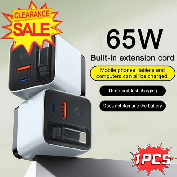 3 in 1 Charger, 65 Watt 3 in 1 Charger, Scalable 65w Max Fast Charge Module with Type-C Cable and 2 USB Ports, 3-in-1 Charge Retractable All in One Charge for Phone, Laptops, White
