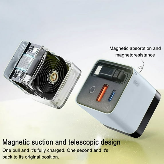 3 in 1 Charger, Multicolor Wall Plug Charger, Retractable Phone Charger, Scalable 80W Max Fast Charging Module, Type C Cable and 2 USB Ports for Phone Laptop
