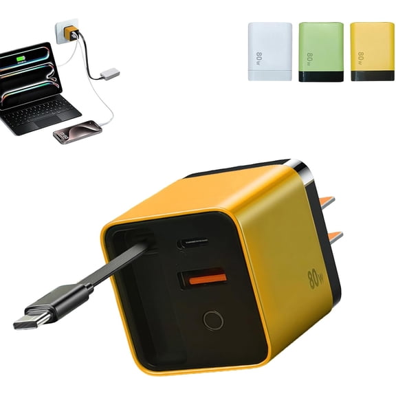 3 in 1 Charger Retractable 80W Max Fast Charger Wall Plug with Built-in Cable, USB-C & Dual USB Ports for Phones Tablets Laptops, Foldable Compact Travel Charger