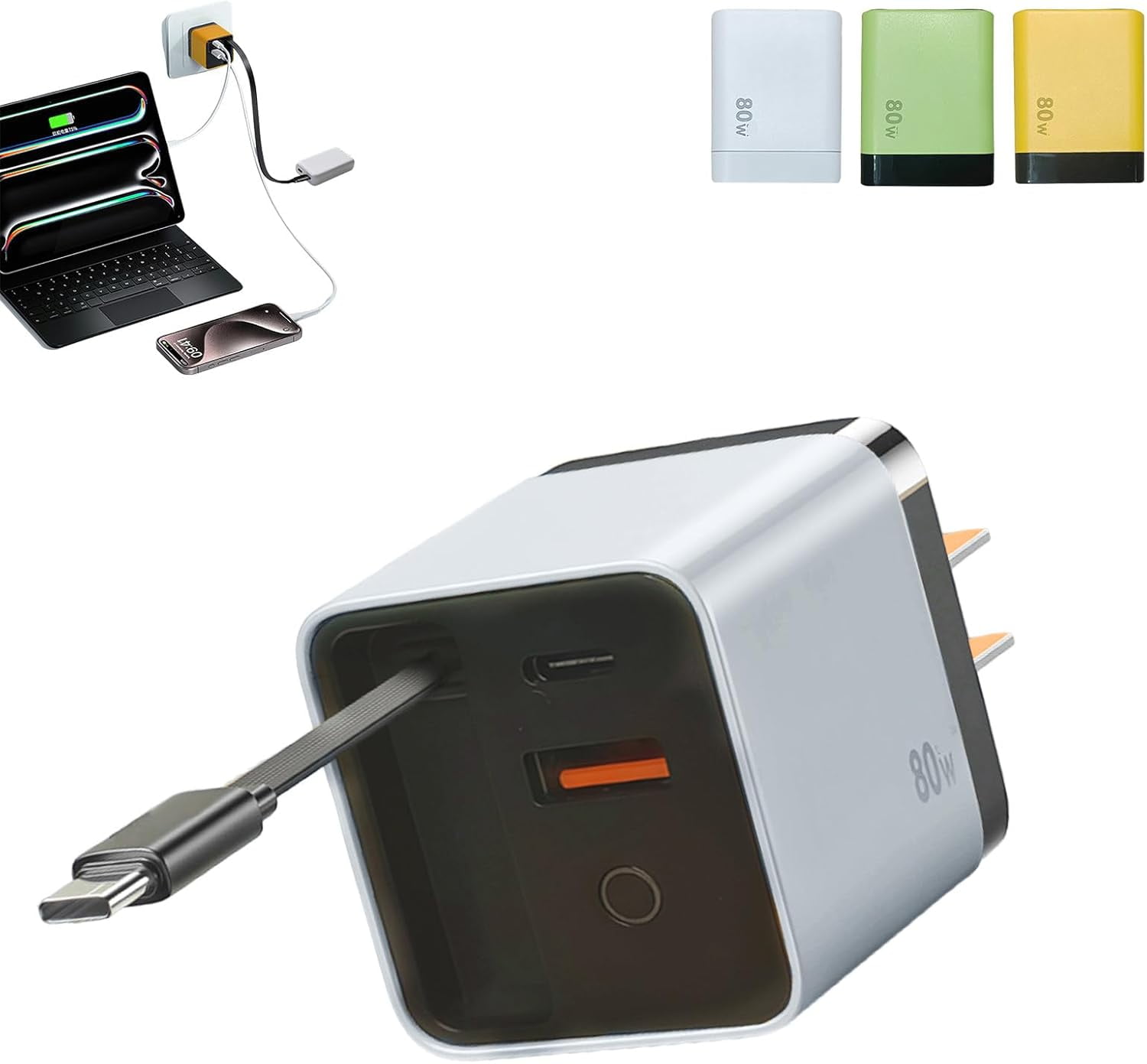 3 in 1 Charger Retractable 80W Max Fast Charger Wall Plug with Built-in Cable, USB-C & Dual USB Ports for Phones Tablets Laptops, Foldable Compact Travel Charger