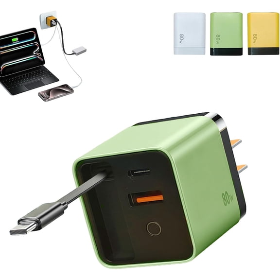 3 in 1 Charger Retractable 80W Max Fast Charger Wall Plug with Built-in Cable, USB-C & Dual USB Ports for Phones Tablets Laptops, Foldable Compact Travel Charger