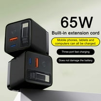 3 In 1 Charger Retractable Phone Charger Wall Plug 65W Max Fast Charging Type C Cable 2 USB Ports Compact Foldable Travel Power Adapter for Phones Laptops Tablets Desk