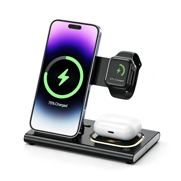 3 in 1 Charger Stand, Multiple Devices Wireless Charger, Charging Station for iPhone 17 16 15 14 13 12, iWatch 11 10 9 8 7 6 5 4 3 2 SE and Ultra Series, Airpods 4 3 Pro, Black