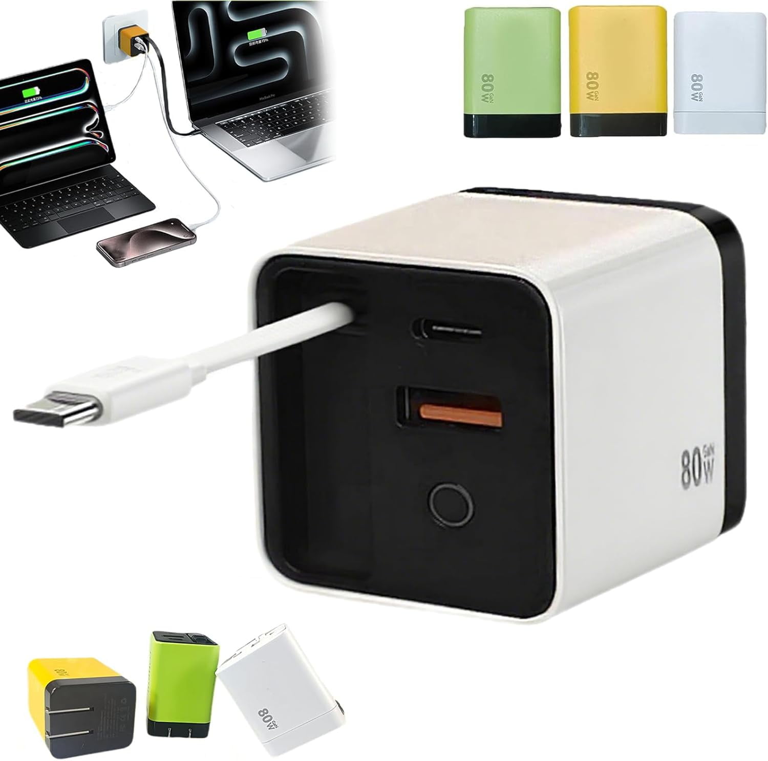 3 in 1 Chargers Retractable 80w Max Fast, 2025 Upgraded 3-in-1 Retractable Phone Charger, Scalable 80w Max Fast Charger Module with Type-C Cable and 2 USB Ports