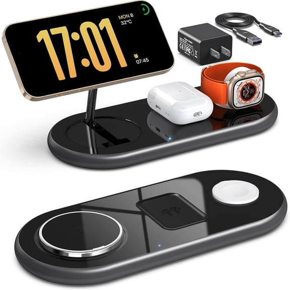 3 in 1 Charging Station for Apple Devices, Faster Mag-Safe Charger Stand, Magnetic Wireless Charger Station for iPhone 16 15 14 13 12 Series, for iWatch Ultra 10 9 8 7 SE 6 5 4 3, for AirPods (Black)