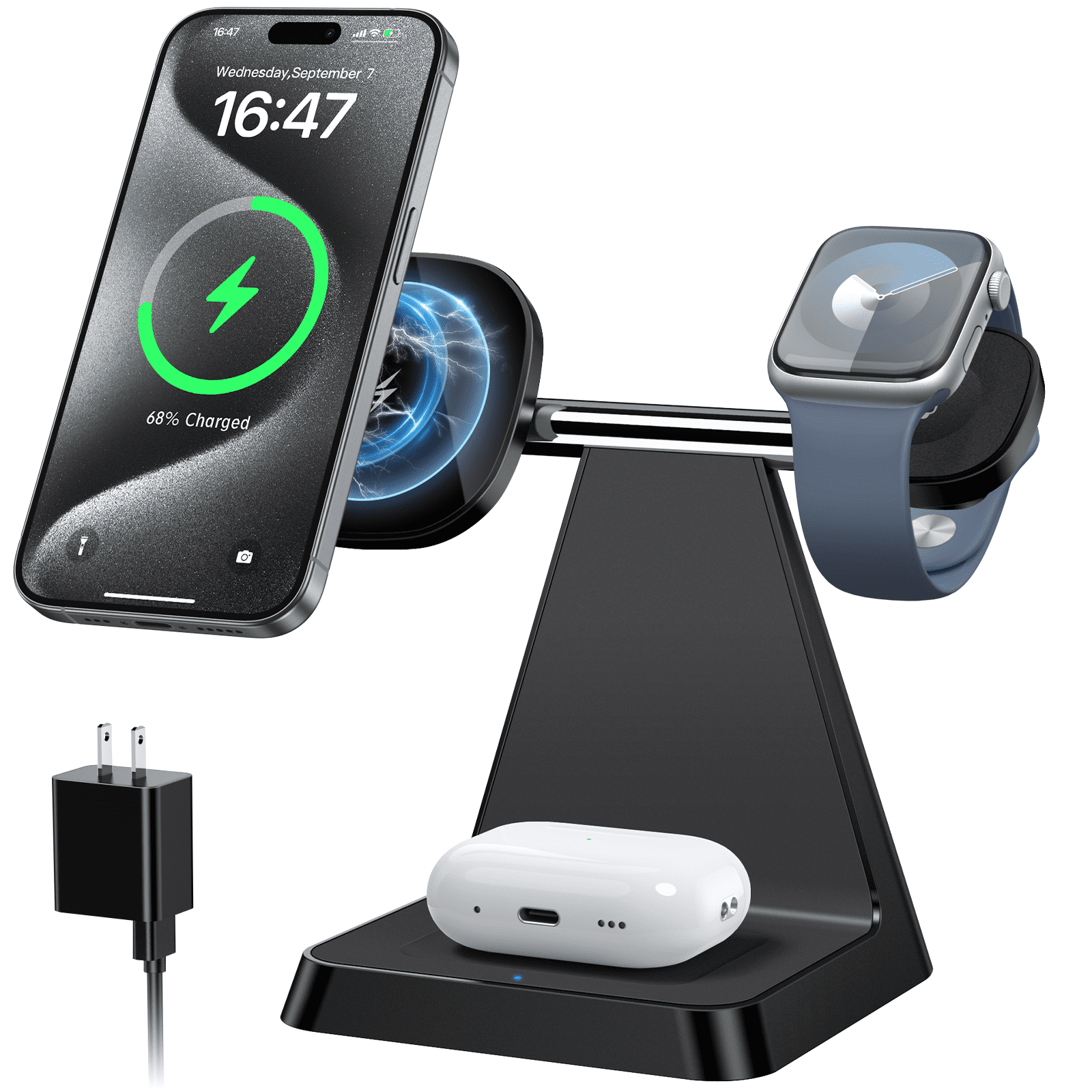 ETEPEHI 3 in 1 Charging Station: Wireless Charger Compatible for iPhone 16 15 14 13 12 Pro/Pro Max/Plus/Mini, Charging Dock compatible for AirPods 2/3/Pro & iWatch