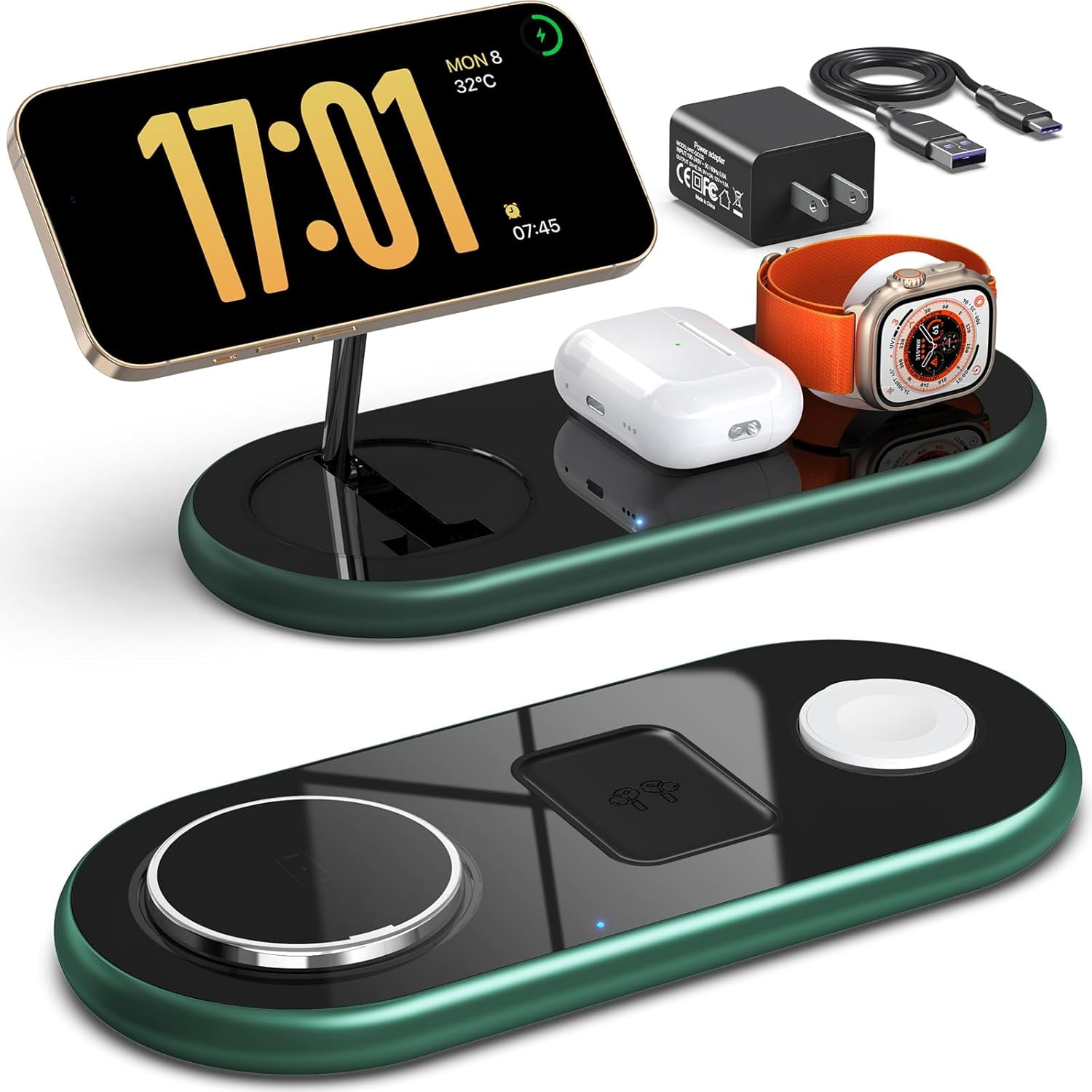3 in 1 Charging Station for Apple Devices, Wireless Charger, Faster Mag-Safe Charger Stand, Magnetic Wireless Charger Station for iPhone 15 14 13 12, Apple Watch Iwacth and AirPods (Alpine Green)