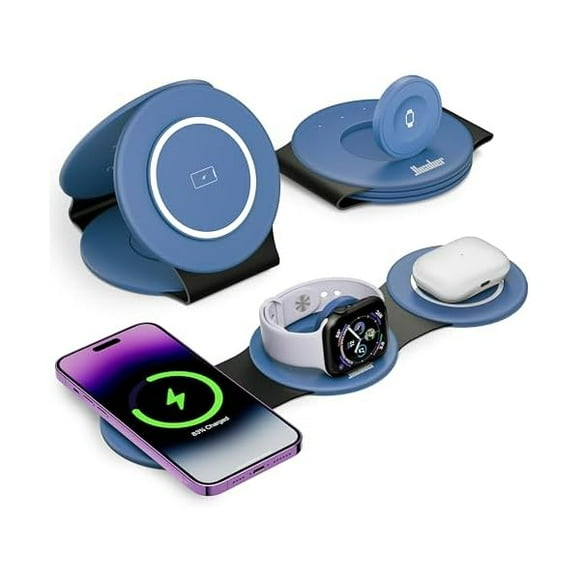 3 in 1 Charging Station for Apple Multiple Devices, Foldable Travel Wireless Charger 18W for iPhone 16 15 14 13 Pro Max Plus &Apple Watch Series/Airpods Light Blue