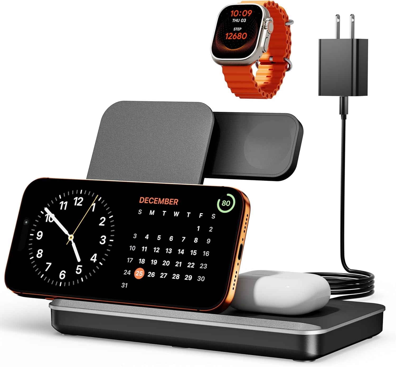 3 in 1 Charging Station for Apple Multiple Devices, Foldable Wireless Charger Stand for iPhone 17 16 15 14, Fast Travel Phone Charging Dock for Apple Watch Ultra 11 10 9 8, AirPods 4 3 Pro