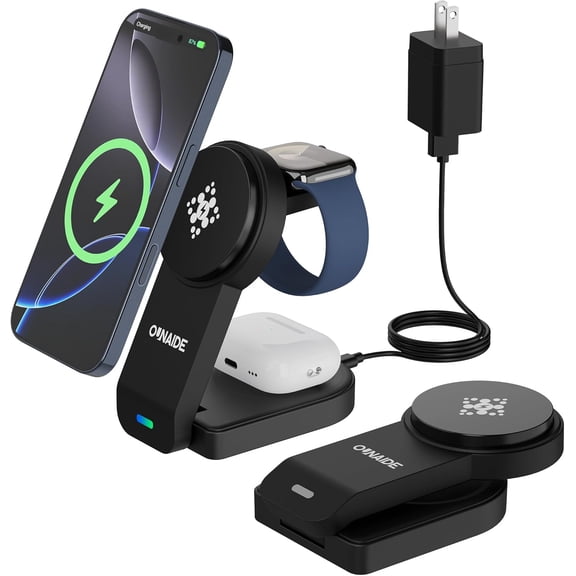 3 in 1 Charging Station Apple Wireless Foldable Phone Charger Stand 15w Magnetic Charger for iPhone Desk Phone for Apple Watch & iPhone AirPods (Black)