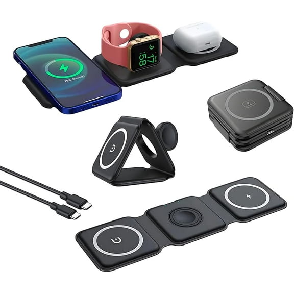 3 in 1 Charging Station, Magnetic Charger for Apple Multiple Devices, Foldable Travel Wireless Charger 15W for iPhone 15 14 13 12 Pro Max Plus for Apple Watch Series &amp; for Airpods (Black)