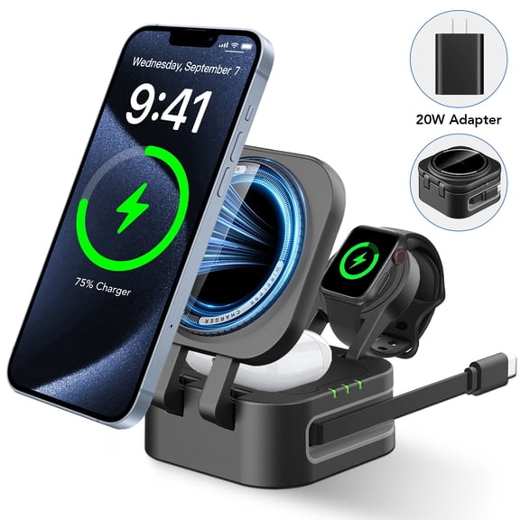 3 in 1 Charging Station for iPhone, Wireless Charger With Retractable Cable, Compatible for iPhone17 16 15 14 13 12, Andorid, Apple Watch Wireless Charging Station & for AirPods 4 3 Pro, Black