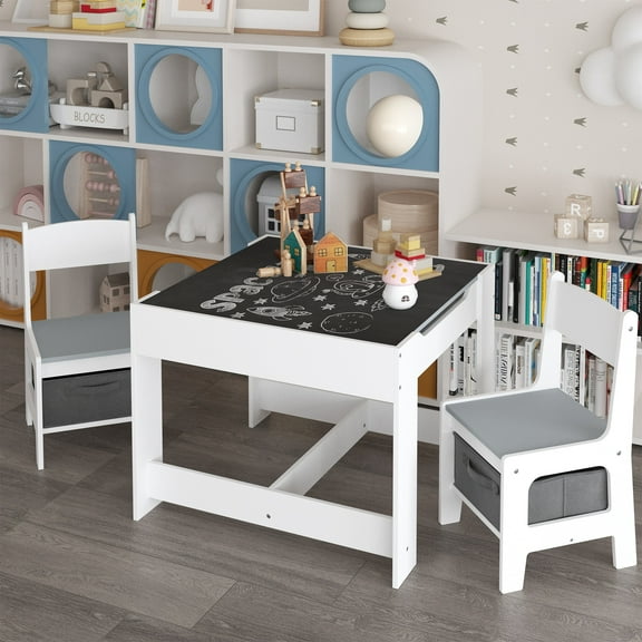 3 in 1 Children Table and Chair Set, SHINPT Kids Furniture with 1 Table and 2 Chairs for Drawing, Reading, Play, Kids Craft Table with Detachable Blackboard, Toddler Play Table for Nursery, Playroom