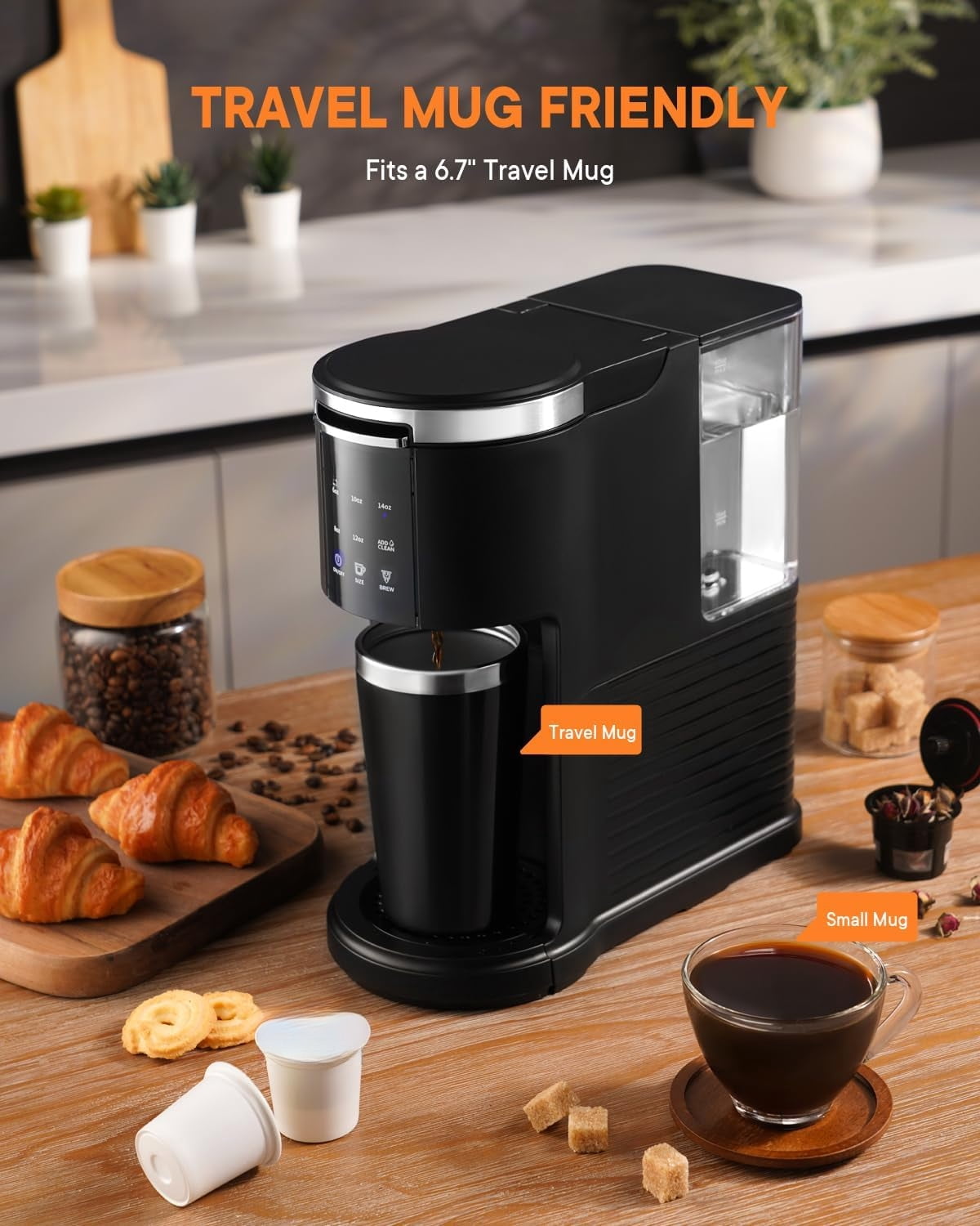 3 in 1 Single Serve Coffee Machine, K Cup Coffee Maker Compatible with Ground Coffee & Teas, 6 to 14oz Brew Sizes, 40oz Removable Water Tank, Descale Settings, Black