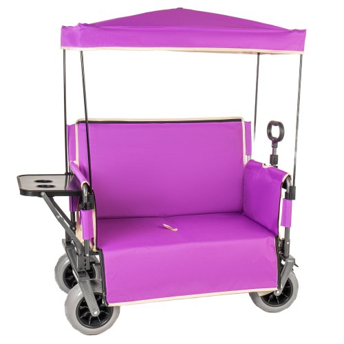 3 in 1 Collapsible Wagon with Canopy Converts to Bench, Heavy Duty Folding Wagon Cart 500 lbs, 180L Large Capacity Utility Beach Camping Wagon with Rear Folding Table, All Terrain Big Wheels, Purple