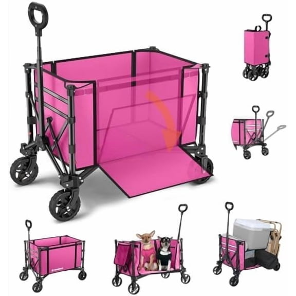 3 in 1 Collapsible Wagon Converts to Bench, 220lbs Foldable Wagon Cart with Wheels, 120L Shopping Cart for Groceries Folding Utility Wagon for Beach, Garden, Camping, Sport, Wheelbarrows, Pink