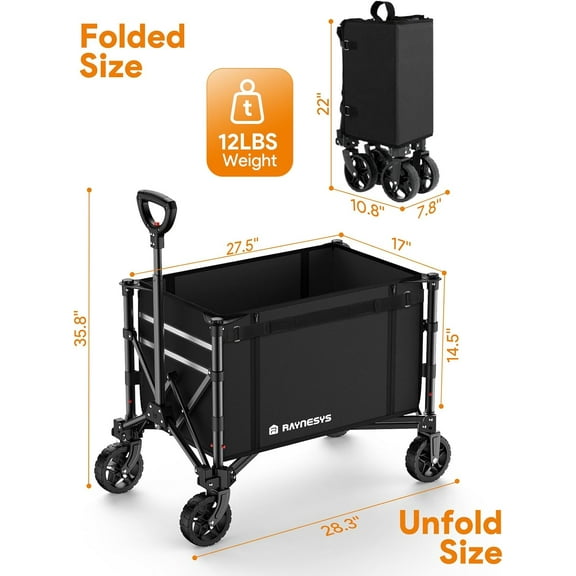 3 in 1 Collapsible Wagon Converts to Bench, 220lbs Foldable Wagon Cart with Wheels, 120L Shopping Cart for Groceries Folding Utility Wagon for Beach, Garden, Camping, Sport, Black