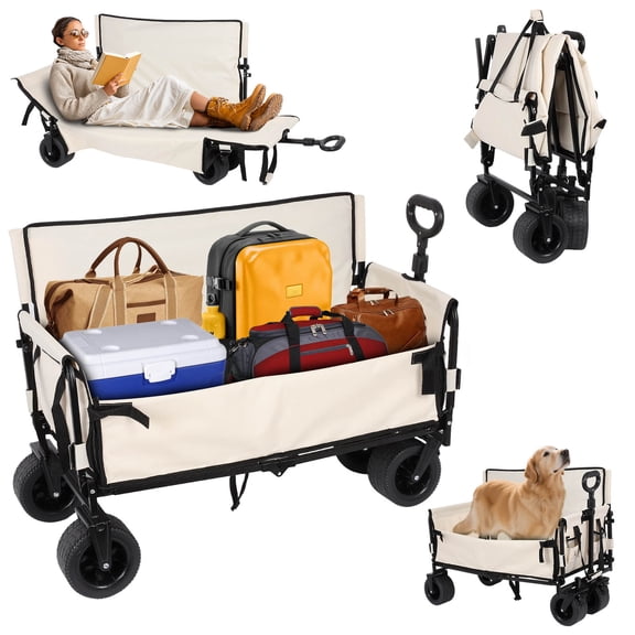 3 in 1 Collapsible Wagon Converts to Bench, 550lbs Foldable Wagon Cart with Wheels, 150L Shopping Cart for Groceries Folding Utility Wagon for Beach,  Camping, Outdoors, Shopping, White