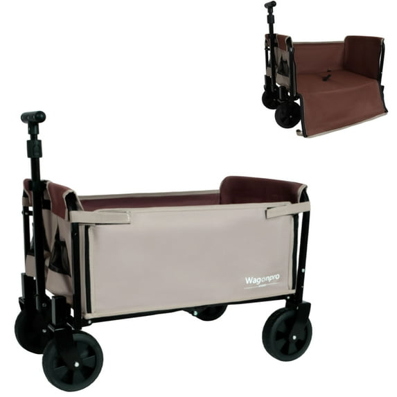 3 in 1 Collapsible Wagon Converts to Bench Seat, Convertible Folding Camping Wagon Cart with Storage Compartment and Dog Tether, for Beach, Garden, Camping, Sport, Beige Brown