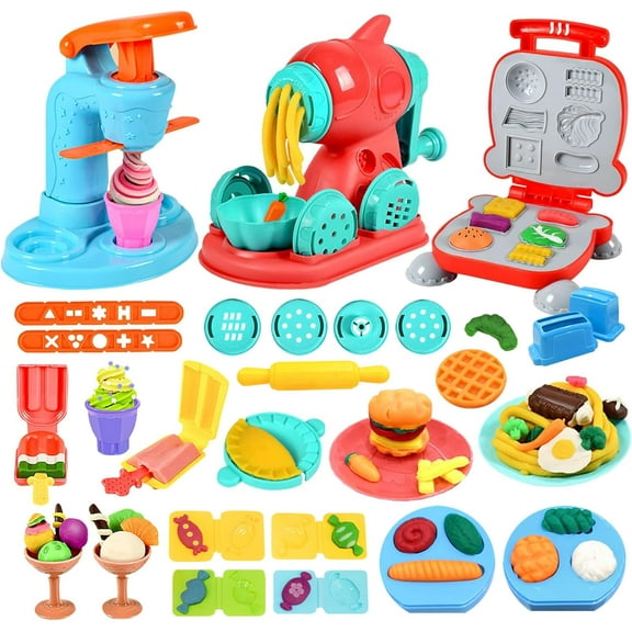 3 in 1 Color Dough Kitchen Creations Set, Ice Cream Noodle Hamburger Maker Machine, Art Crafts Food Modeling Play Toys, Deluxe Tools Kit for Boys Girls Kids Toddlers Ages 3+ (12 Colors Dough)