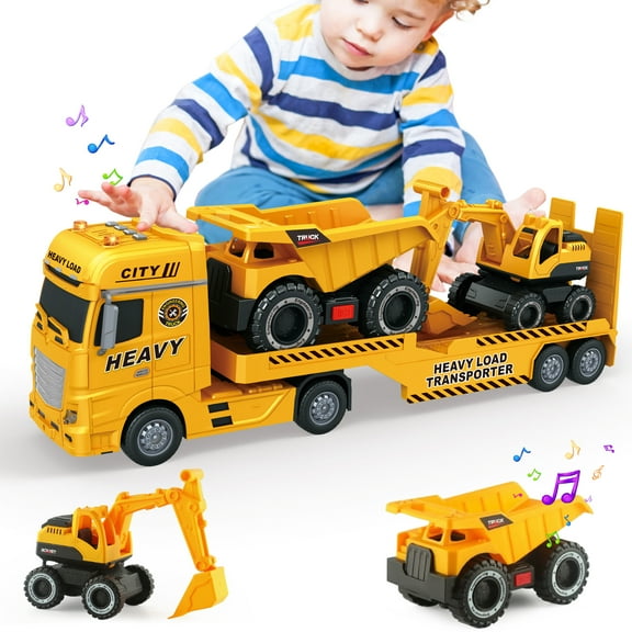 3 in 1 Construction Carrier Truck Toy, 25" Semi Flatbed Truck Toy with Excavator and Dump Truck, Friction Powered Vehicles Toys with Lights and Sounds
