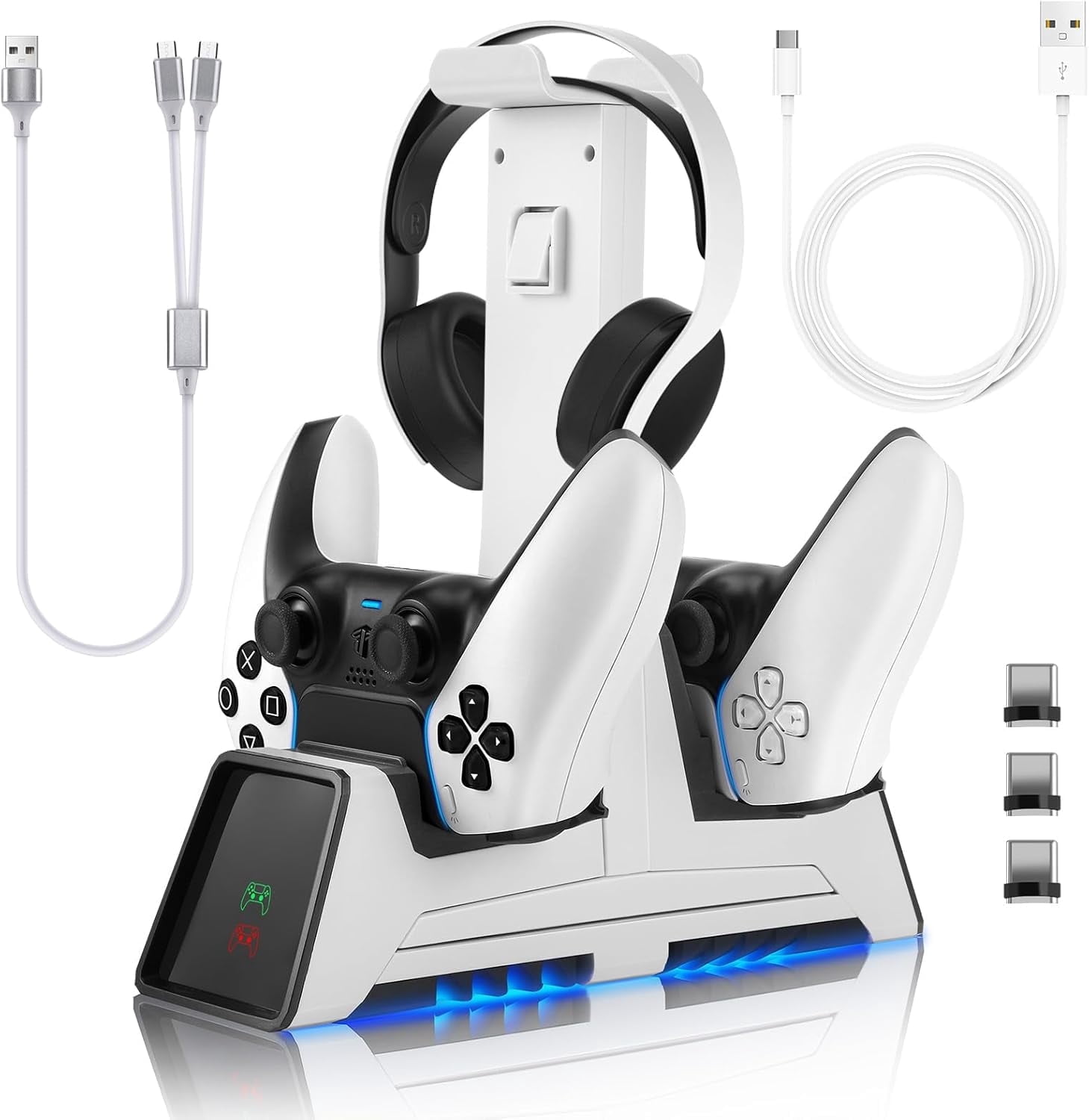 3 in 1 Controller Charging Station for PS VR2 / PS5 / PS5 Edge with 5V/3A Adapter & Led Light, Wireless Controller Charger Dock for Playstation 5, Charging Stand with VR2 Headset Holder