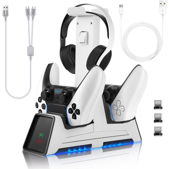 3 in 1 Controller Charging Station for PS VR2 / PS5 / PS5 Edge with 5V/3A Adapter & Led Light, Wireless Controller Charger Dock for Playstation 5, Charging Stand with VR2 Headset Holder