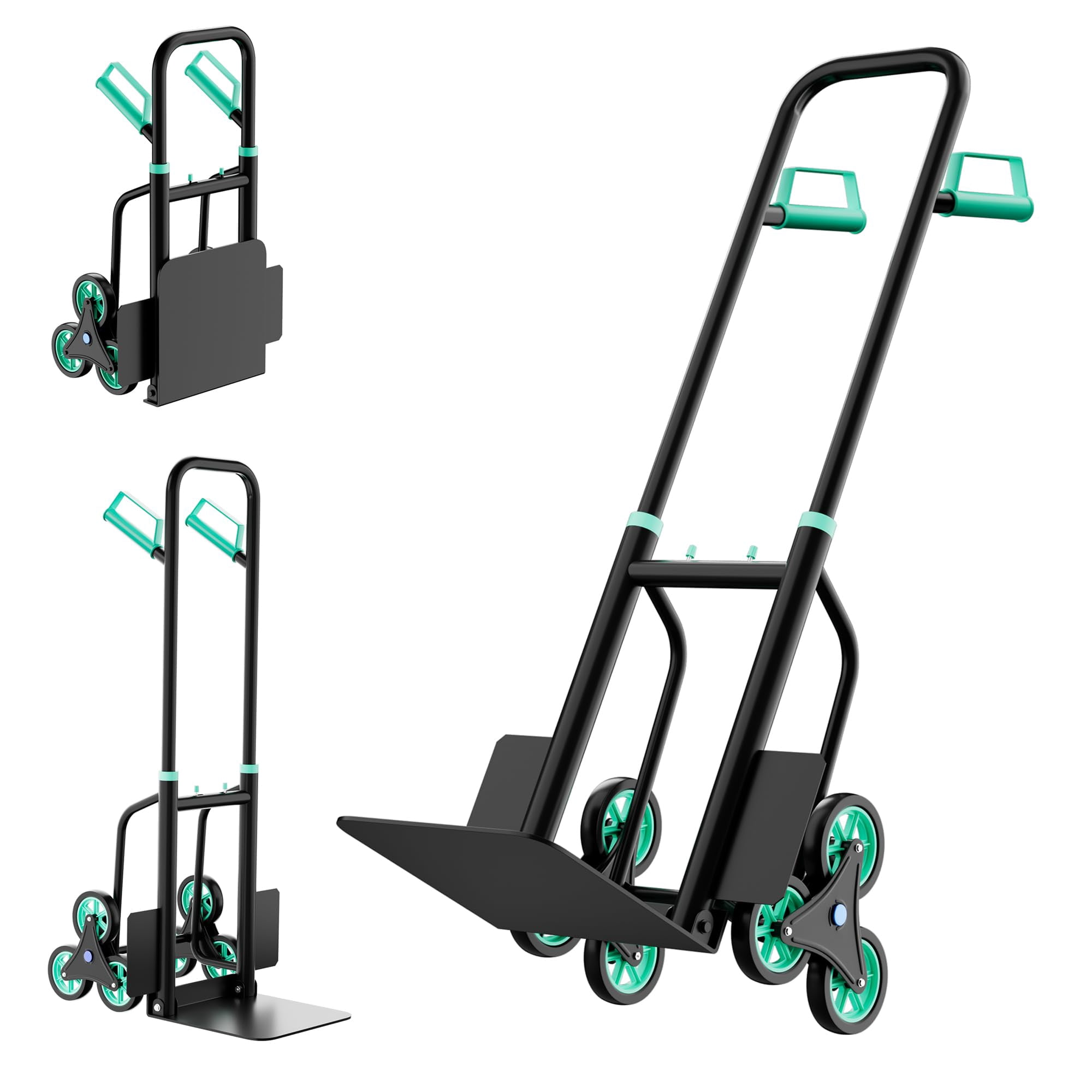 3 in 1 Convertible Aluminum Hand Truck Dolly Cart, 440Lbs Capacity, Stair Climbing Utility Trolley Platform Cart for Transport and Moving in Home, Office, Warehouse, Supermarket, Green+Black