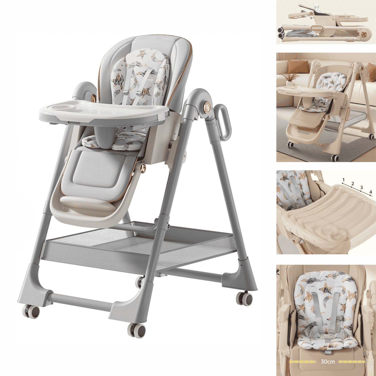3 in 1 Convertible Baby High Chair Portable Infant Feeding Chairs Eat&Play Baby Seat with Adjustable Height,5-Point Safety Harness,Storage Bag,for 0-6 Years,Unisex,GREY