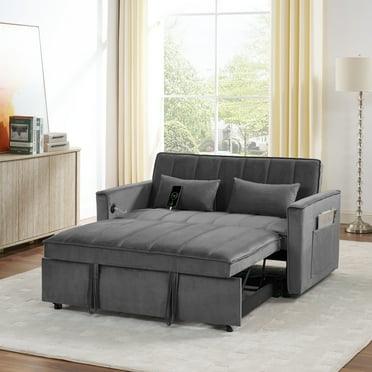 3 in 1 Convertible Pull Out Sofa Bed,55" Velvet Sleeper Sofa Bed with 2 Pillows and Adjustable Backrest,Upholstered Convertible Loveseat Sleeper for Living Room Furniture,Gray