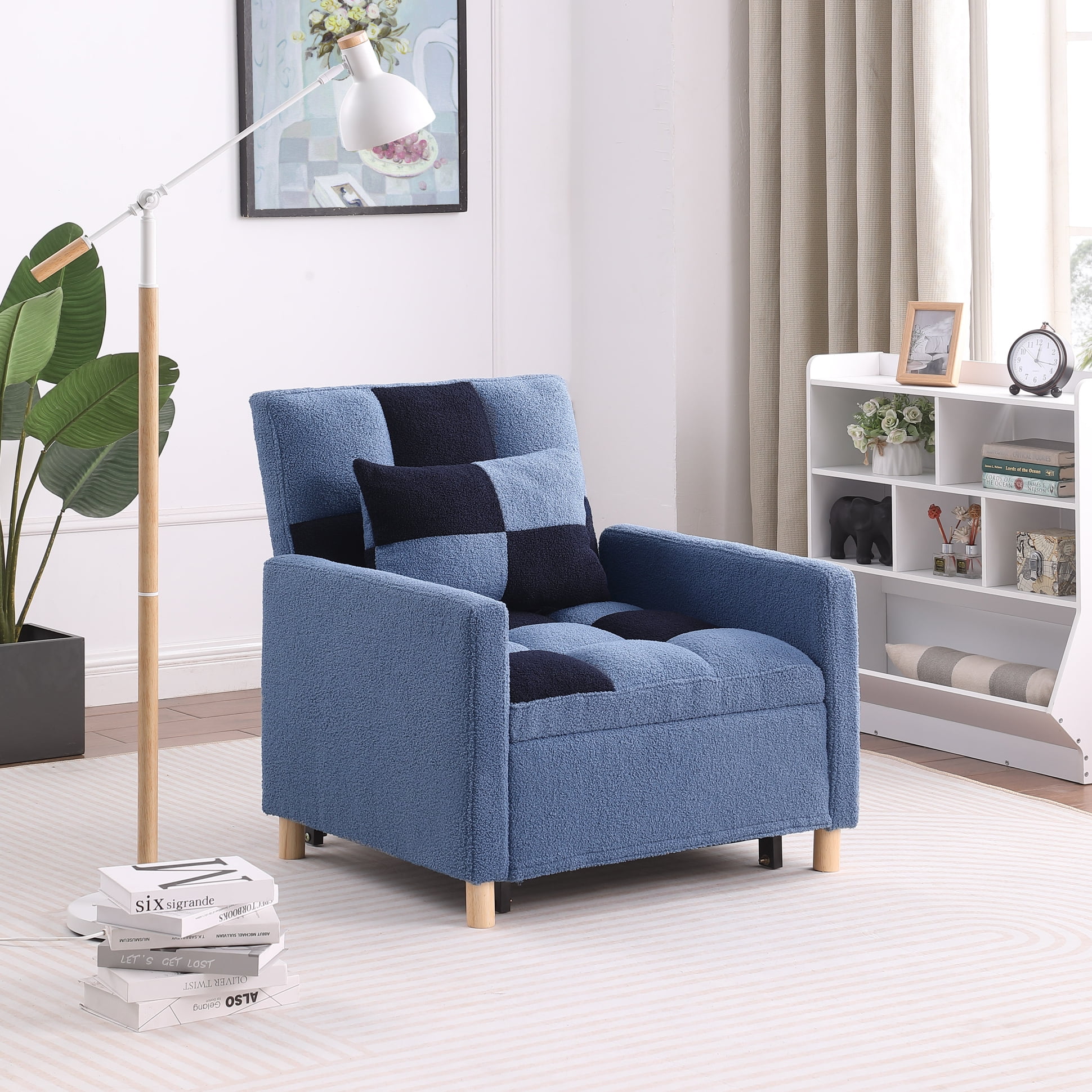 3 in 1 Convertible Sleeper Chair Bed Multi Functional Tufted Recliner Chair with Pillow and Adjustable Backrest Modern Velvet Single Sofa for Living Room Bedroom Small Space Blue Walmart Business Supp...