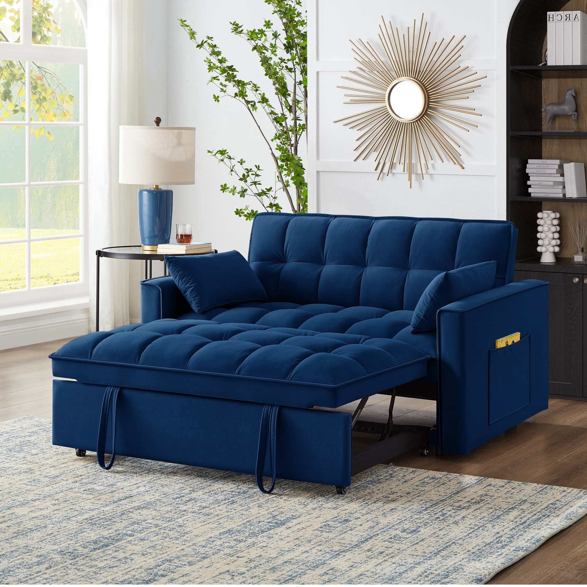 3 in 1 Convertible Sleeper Sofa Bed, 53" Modern Convertible Sofa Bed with 2 Detachable Arm Pockets,Velvet Pull Out Couch with Pull Out Bed for Living Room Furniture,Navy