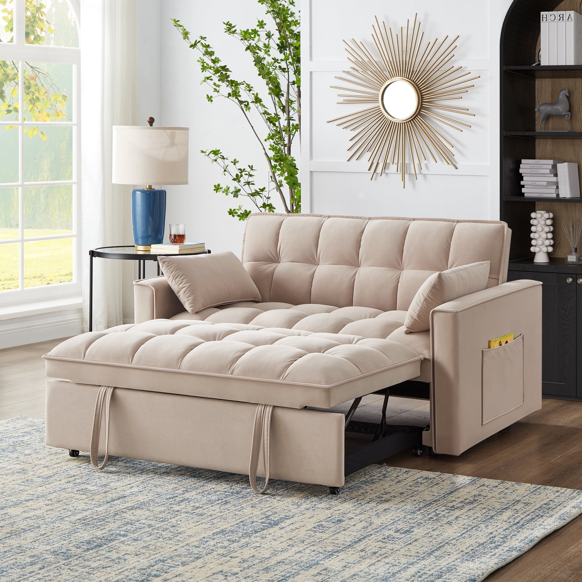 3 in 1 Convertible Sleeper Sofa Bed, 53" Modern Convertible Sofa Bed with 2 Detachable Arm Pockets,Velvet Pull Out Couch with Pull Out Bed for Living Room Furniture,Taupe