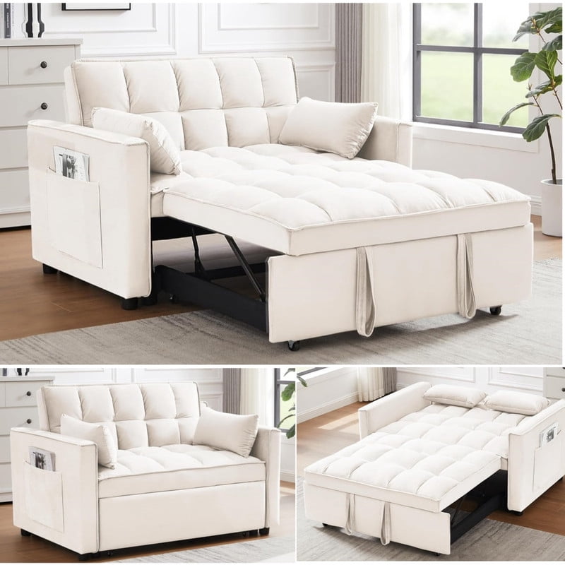 3 in 1 Convertible Sleeper Sofa Bed, 55" Modern Loveseat Pull Out Couch with Adjustable Reclining Backrest & Side Pockets, Velvet Loveseat for Living Room