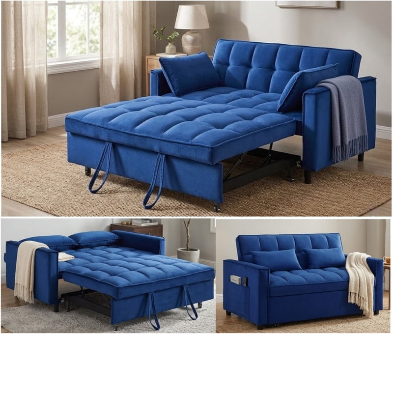 3 in 1 Convertible Sleeper Sofa Bed, 55" Modern Loveseat Pull Out Couch with Adjustable Reclining Backrest & Side Pockets, Velvet Loveseat for Living Room