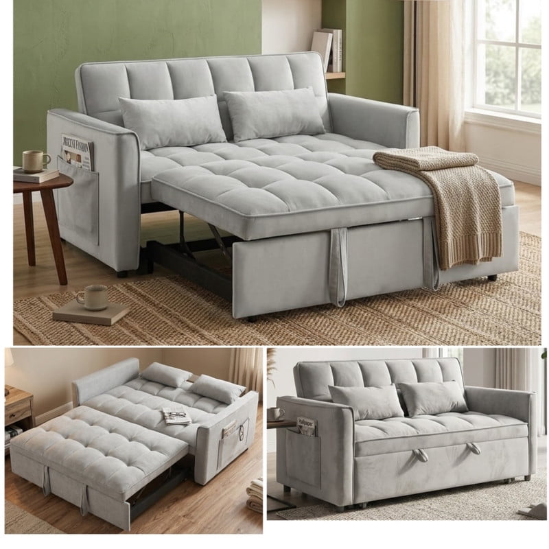 3 in 1 Convertible Sleeper Sofa Bed, 55" Modern Loveseat Pull Out Couch with Adjustable Reclining Backrest & Side Pockets, Velvet Loveseat for Living Room