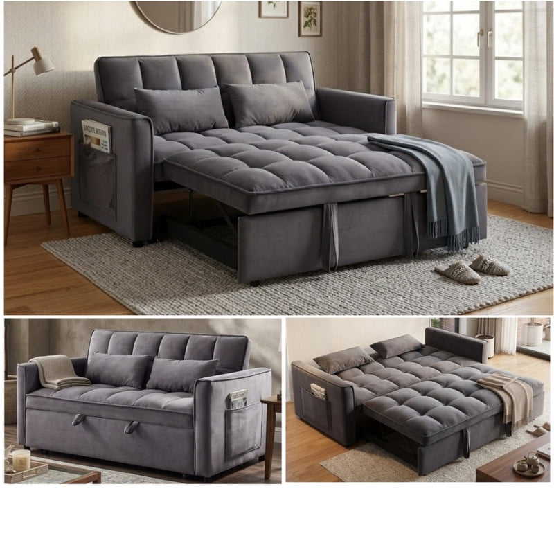 3 in 1 Convertible Sleeper Sofa Bed, 55" Modern Loveseat Pull Out Couch with Adjustable Reclining Backrest & Side Pockets, Velvet Loveseat for Living Room