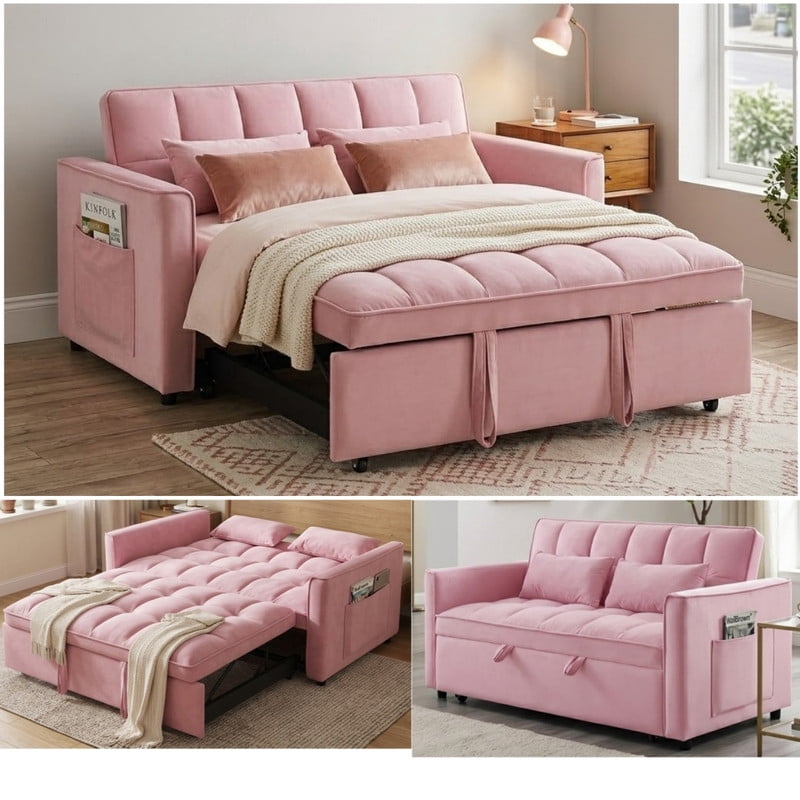 3 in 1 Convertible Sleeper Sofa Bed, 55" Modern Loveseat Pull Out Couch with Adjustable Reclining Backrest & Side Pockets, Velvet Loveseat for Living Room