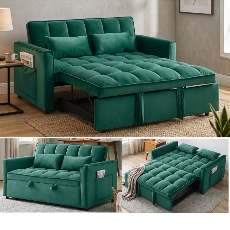 3 in 1 Convertible Sleeper Sofa Bed, 55" Modern Loveseat Pull Out Couch with Adjustable Reclining Backrest & Side Pockets, Velvet Loveseat for Living Room