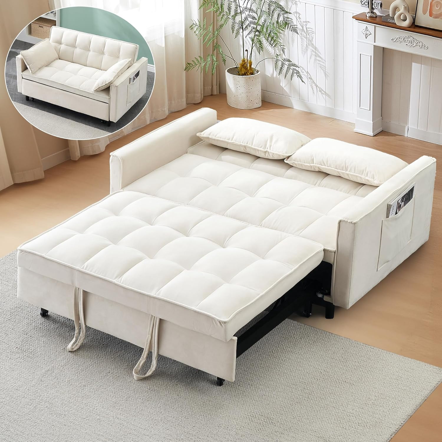 3 in 1 Convertible Sleeper Sofa Bed, 55" Modern Velvet Loveseat Pull ...