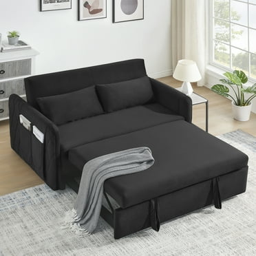 3 in 1 Convertible Sleeper Sofa Bed,55" Modern Velvet Pull Out Sofa Bed with 2 Pillows and 2 Detachable Pockets,Upholstered Loveseat Sofa Couch with Adjustable Backrest for Living Room Office,Black